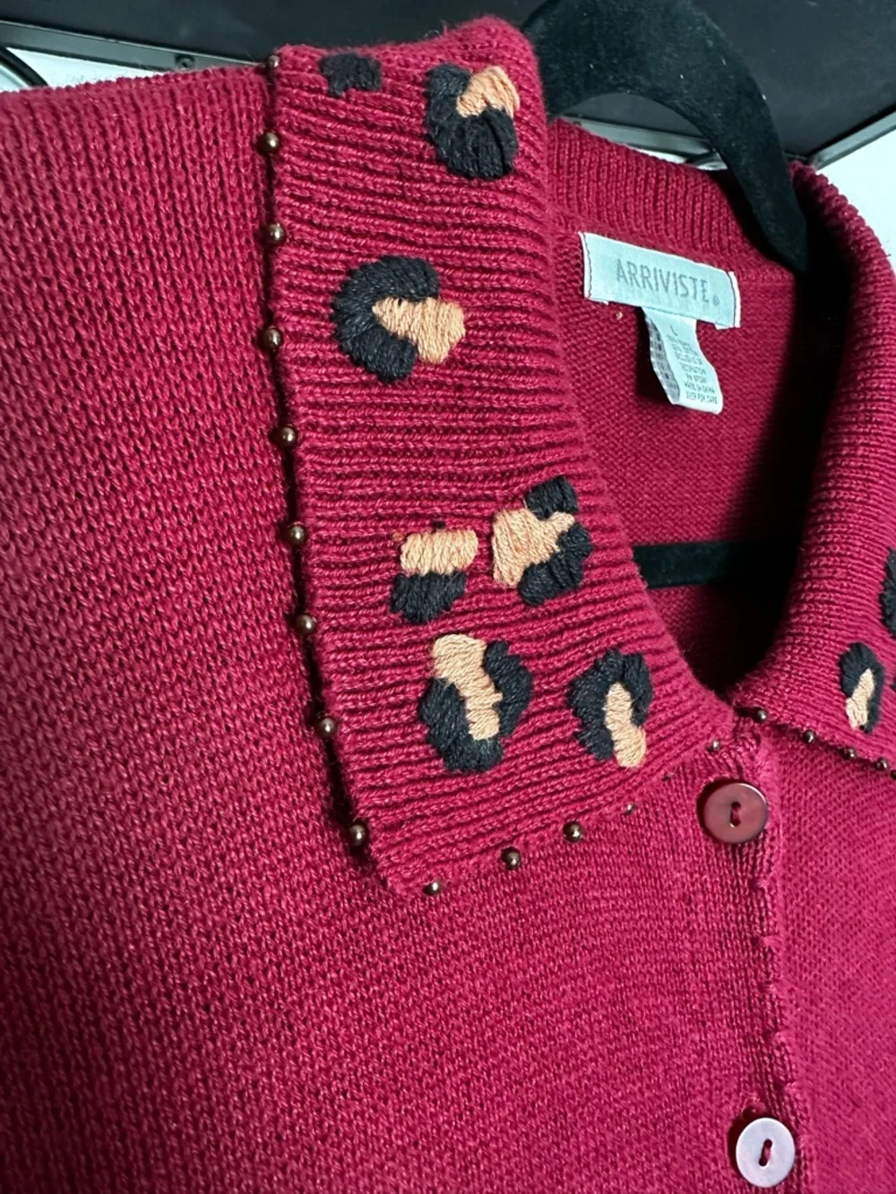 VTG Women's Burgundy Animal-Print Button Cardigan embroidered studded